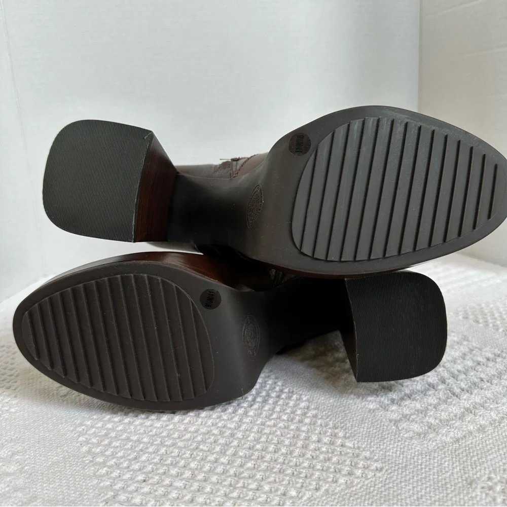 Vince Camuto Coliana Leather Platform Block Heel Brown Booties-9.5-Buckles Indie